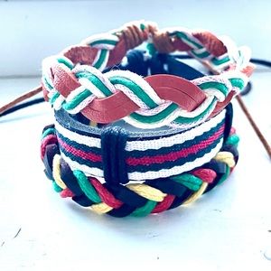 Lot of 3 Leather and Cloth Tie Bracelets unisex green orange brown NWOT